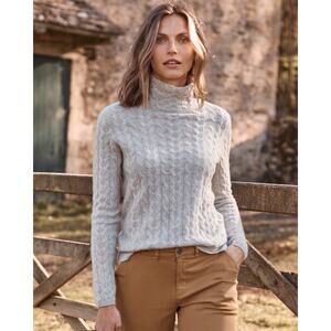 Garnet Hill Cashmere Cable Knit Turtleneck Sweater Gray Size Medium